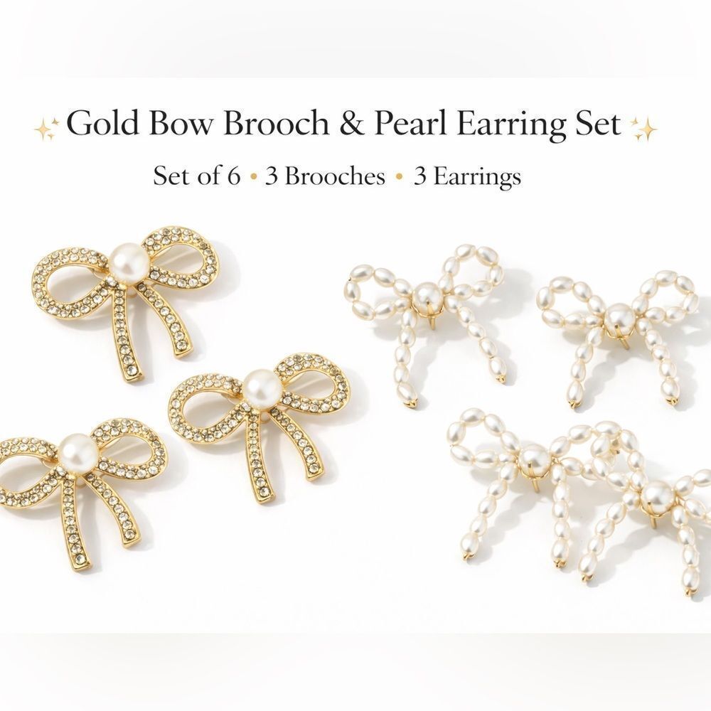 Gold Bow Brooch & Pearl Bow Earrings Set – 6 Piece Bundle, Gold Tone.New/Sealed!